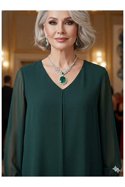 Namaste Vintage Emerald Green Sleeves Chiffon Plus Size Stylish Dress (Size 12)