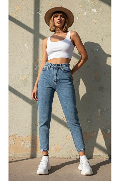 geenz manifacture Snow Blue Mom Jeans Stretch Fabric Denim Trousers