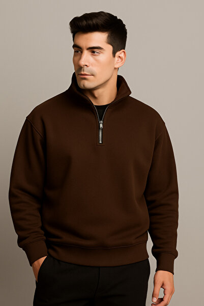 DEEPSENCE Ανδρικό χειμερινό φούτερ με μισό φερμουάρ, χοντρό 3-κλωνο D ψηλός λαιμός με φλις εσωτερικά