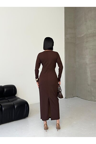 aytenli Φόρεμα διπλό πέτο με μακρύ μανίκι με κορδόνι που δένει το καπίστρι, με λεπτομέρεια στη μέση και λεπτομέρεια στο πίσω μέρος, μεγάλου μεγέθους άνοιγμα Maxi φόρεμα από κρεπ