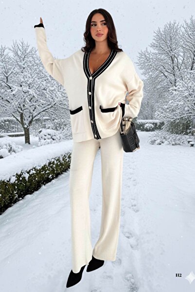 WOMAN VISION Women's Knitwear Double Set - Cardigan with 2 Front Metal Buttons and Wide Leg Pants Set Lap-002