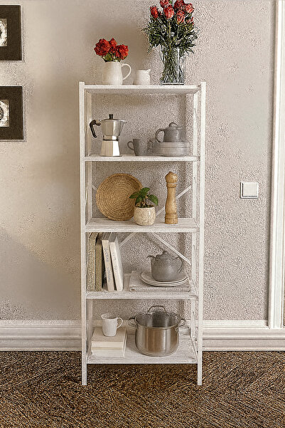 GUİMO 5 Raflı Metal Gövdeli Çok Amaçlı Mutfak Rafı - Beyaz Ahşap, Düzenleyici...