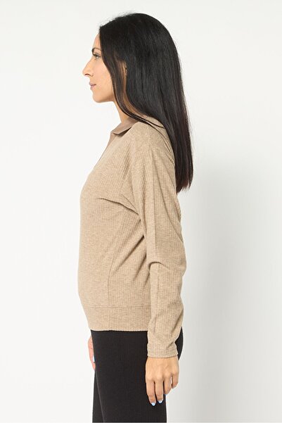 London Fog Women Spread Collar Stripe Long Sleeve Sleepwear Top, Light Brown