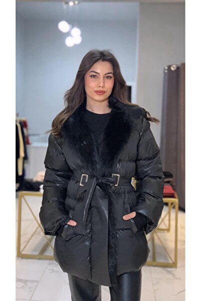 Sevvaltekinboutique kürk detaylı siyah şişme mont