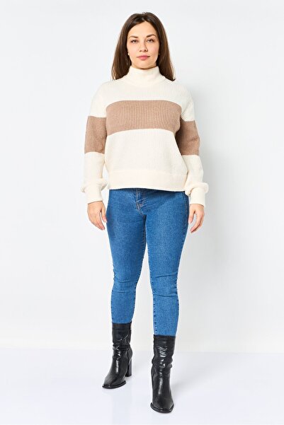 PİNK ROSE Women Turtle Neck Stripped Sweater, Multicolor