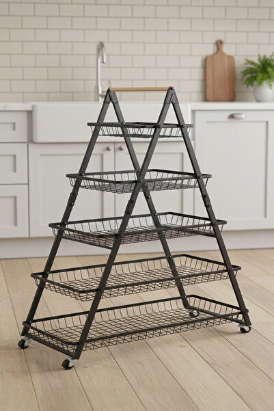 Vadi 5 Katlı Tekerlekli Metal Mutfak Organizer Sepet | Sebzelik, Meyvelik, Ki...