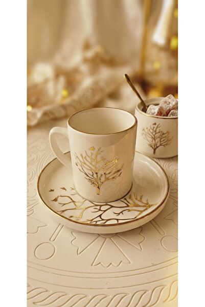 BLN Hayat ağacı desenli Türk kahvesi fincanı 6 lı takım tabaklı