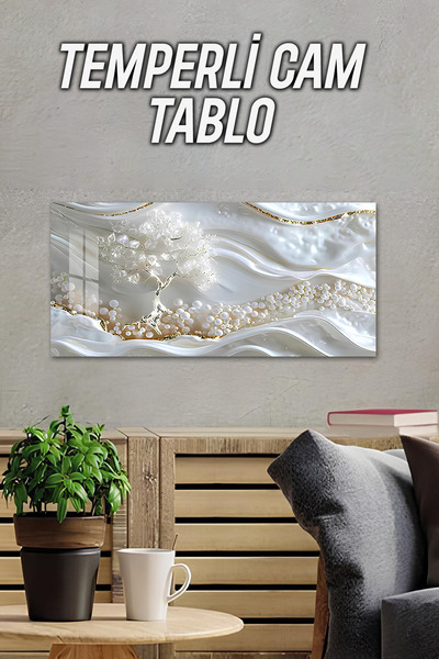 kutuTR 3D Görünümlü Temperli Cam Tablo – İnci Efektli Beyaz Ağaç DeseniUV Bas...