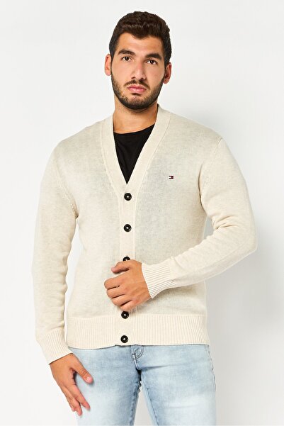 Tommy Hilfiger Men V Neck Embroidered Logo Cardigan, Beige