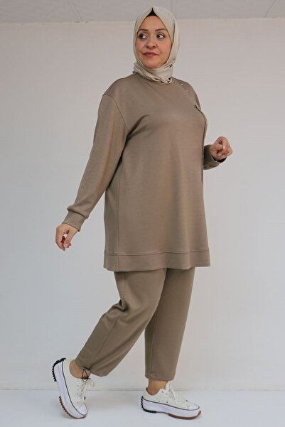 Eslina 57052 Plus Size Double Modal Suit with Elasticated Trouser Legs - Mink