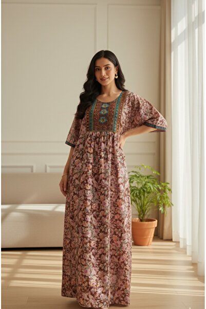 Maison Emarat Floral Print Cotton Jalabiya with Intricate Mirror work and Embroidery on Yoke