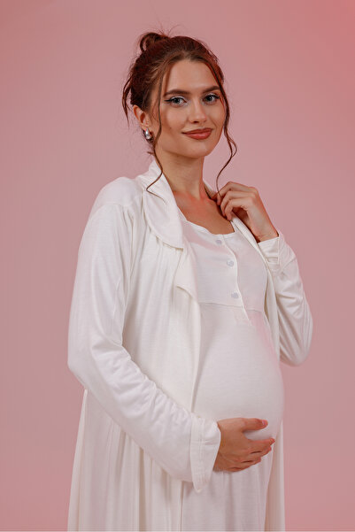 BLACKMORE Women's Ecru Cotton Long Sleeve Maternity Nightgown-Dressing Gown Set of 2