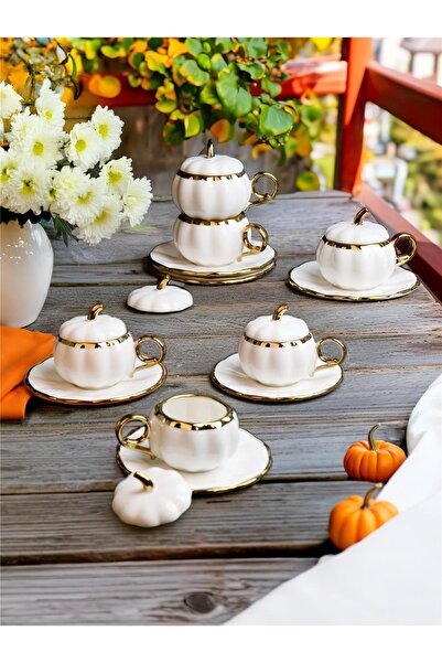 Paçi PUMPKIN Kabak Model Yaldızlı Beyaz 6’lı Türk Kahve Fincan Takımı – 100 ml