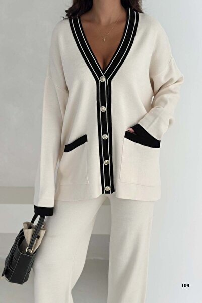 lovebox Knitwear Double Set - V-Neck Metal Button Detailed Cardigan and Trouser Set Stylish Design 002