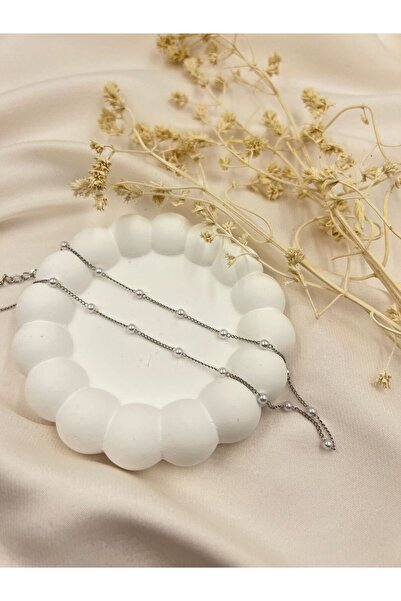 Lunarie Silver Color Pearl Detailed Minimal Women's Bracelet and Necklace Set...