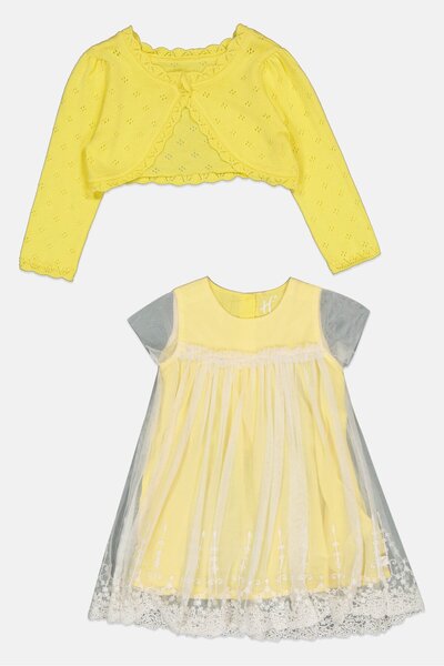 Hamleys Kids Girl 2 Pcs Pleated Dress With Cardigan, Yellow