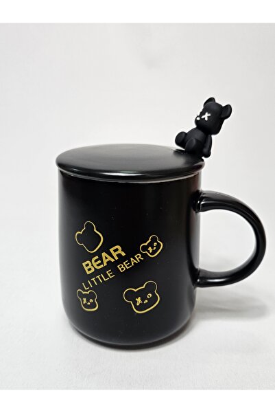 Casalina 3-piece ceramic set 350 ml - black Bear mug with lid and spoon decorated with a teddy bear