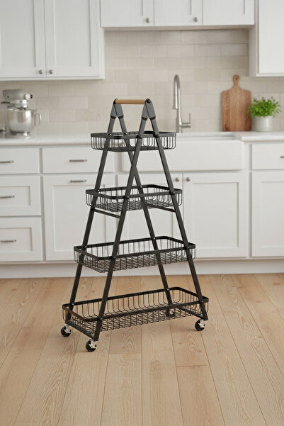 Vadi 4 Katlı Tekerlekli Metal Mutfak Organizer Sepet | Sebzelik, Meyvelik, Ki...