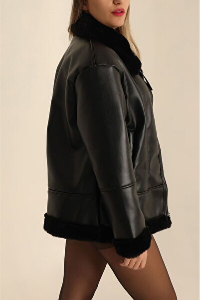 moda armanc Women's Faux Leather Black Fur Coat – Leather Jacket with Plush Inner Lining