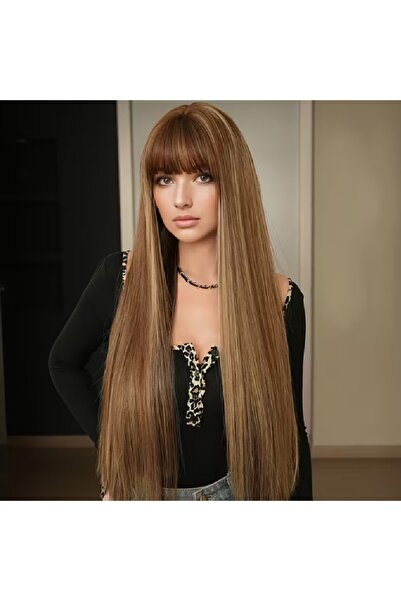 animis beauty Peruca Maro Ciocolatiu Suvitat, 72 cm, fibra sintetica cu aspect , par lung drept, cu breton