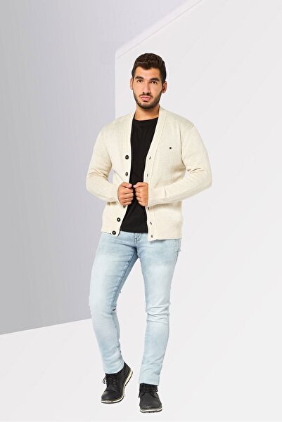 Tommy Hilfiger Men V Neck Embroidered Logo Cardigan, Beige