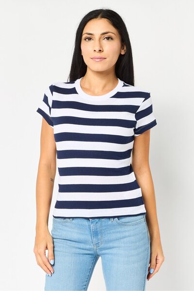 Brave Soul Women Round Neck Short Sleeve Stripe Top, Multicolor