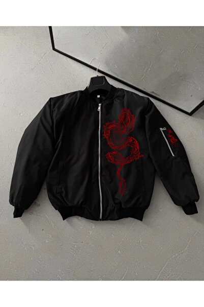 SORVİENNE Men's Unisex Black Bomber Jacket – Red Dragon Pattern, Zippered Pockets, Quilted Lining Casual V