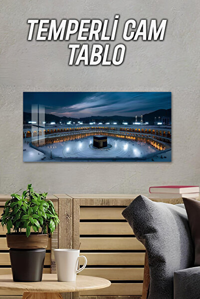 kutuTR 3D Görünümlü Temperli Cam Tablo – Kâbe Gece Manzarası UV Baskı 60x30 c...