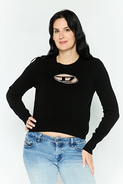 Diesel Women Crew Neck Embroidered Logo Long Sleeve Sweater, Black