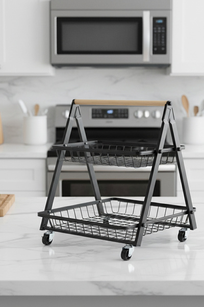 Vadi 2 Katlı Tekerlekli Metal Mutfak Organizer Sepet | Sebzelik, Meyvelik, Ki...