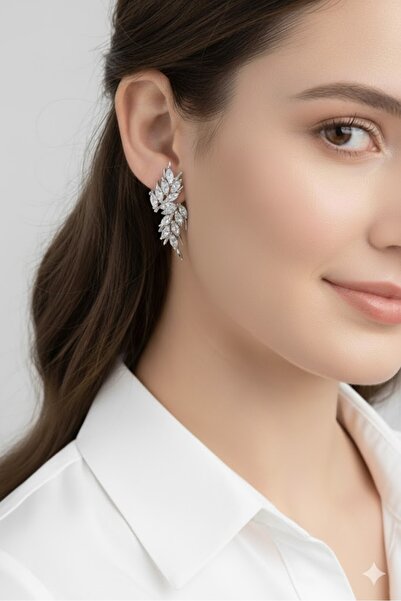 Dorvina Brass Women's Earrings Silver Color Zircon Stone Leaf Model |   Stylish and Durable Jewelry, Accessory