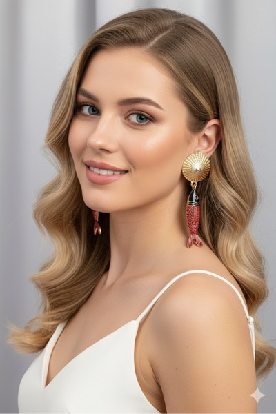 Dorvina Brass Women's Earrings with Dangling Zircon Stones Red Black Fish Model Gold |   Stylish and Durable Jewelry