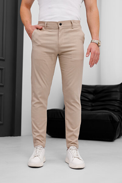 MODAMESTO Men's Beige Slim Fit Lycra Fabric Trousers
