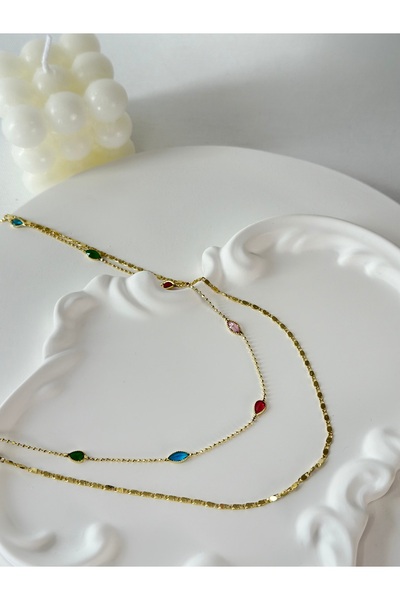 New Meluna Premium İki Sıra Renkli Taşlı Gold Kadın Çelik Kolye Kararmaz Suya...