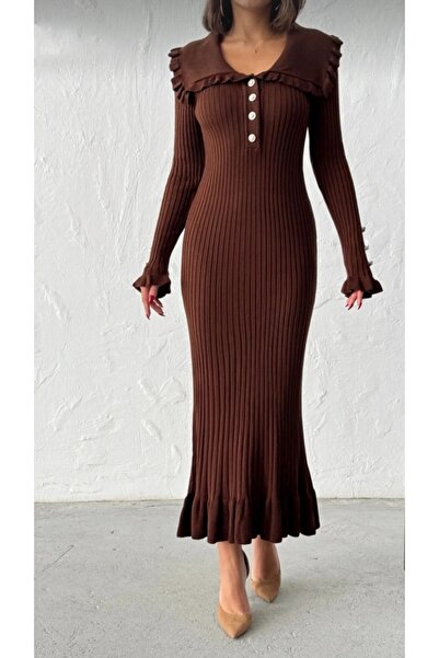 DAMGA Collection Women's Princess Collar Buttoned Ruffled Knitwear Dress