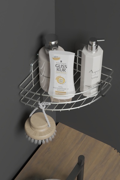 Hill Homes Raft de baie de colț din metal cromat, suport pentru șampon de duș...