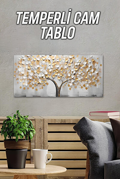 kutuTR 3D Görünümlü Temperli Cam Tablo – Altın Yapraklı Ağaç Deseni UV Baskı ...