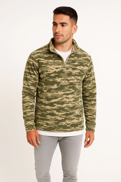 mzpkartan Men's Half-Zip Patterned Fleece Sweatshirt – Khaki Camouflage Colla...