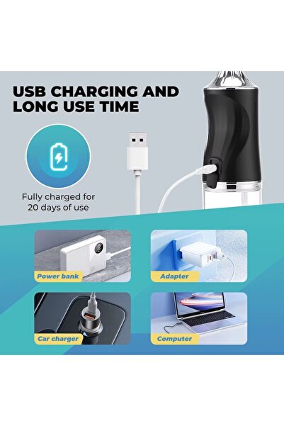 AMYMAT Portable USB Rechargeable Oral Irrigator, 240ml, 3 Pressure Modes, IPX7, 4 Nozzles
