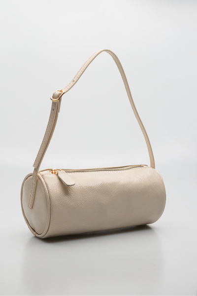 Shkup Beige Cylinder Zipper Closure Women's Hand and Shoulder Bag