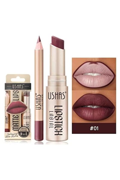 Ushas Cosmetics Lip pencil and lipstick set, Lip Combo by Ushas, shade 01 Velvet Wine