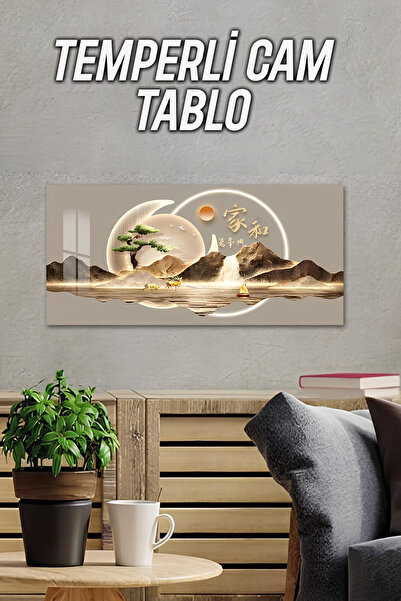 kutuTR 3D Görünümlü Temperli Cam Tablo – Gölet Manzarası ve Altın Dağ UV Bask...
