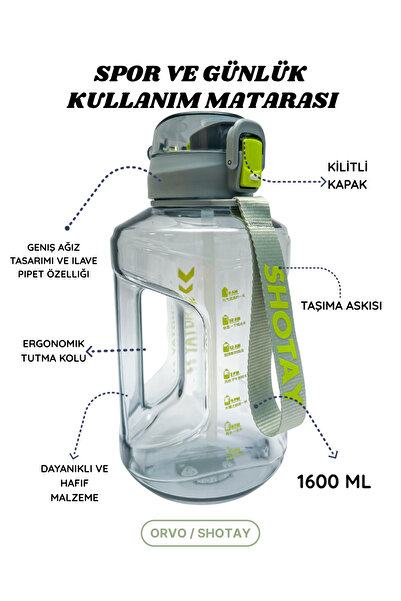 Shotay Sporcu Matara 1.6 L – Kilitli Kapak, Pipetli, Taşıma Askılı Su Matarası - GRİ