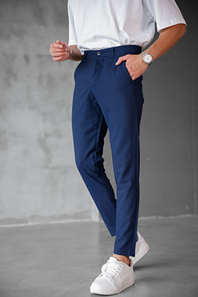 MODAMESTO Men's Navy Blue Slim Fit Stretch Fabric Fabric Trousers