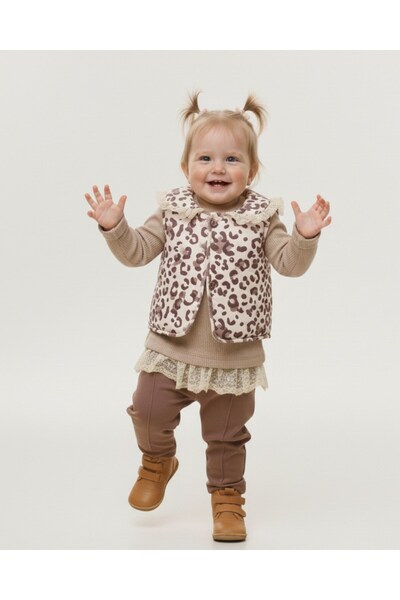 VOY KİDS Baby Girl Leopard Patterned Inflatable Vest Set , 2-3-4 Years Old with Tights Transitional Stylish 3-Piece Combination Set