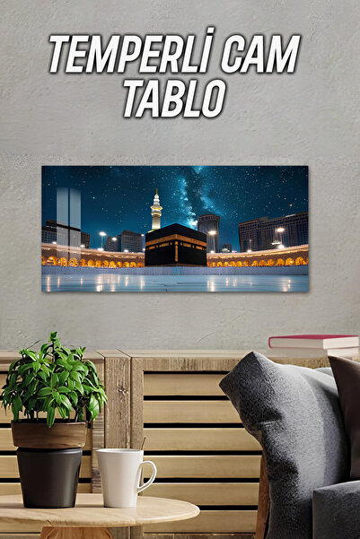 kutuTR 3D Görünümlü Temperli Cam Tablo – Kâbe ve Gece Gökyüzü Manzarası UV Ba...