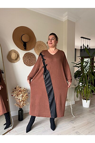 MJORA Strawberry Fabric Leather Detailed Oversized Comfortable Fit Dress