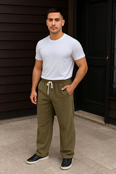 Genel satış Men's Corded Fabric Velvet Pocket Buggy Trousers Oversized Comfortable Fit - Khaki