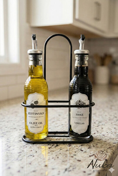 Nuka Ev Aksesuarları Siyah Metal Standlı 2'li Yağ ve Sirke Şişesi 200ml Zeyti...