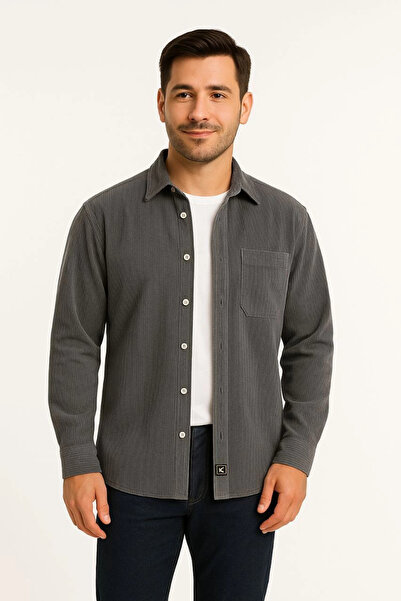 Butik Men's Corded Fabric Velvet Pocket Shirt Oversized Comfortable Fit - Smoked